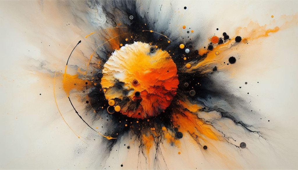 An image of an orange and black blob with splashes of orange and black around it