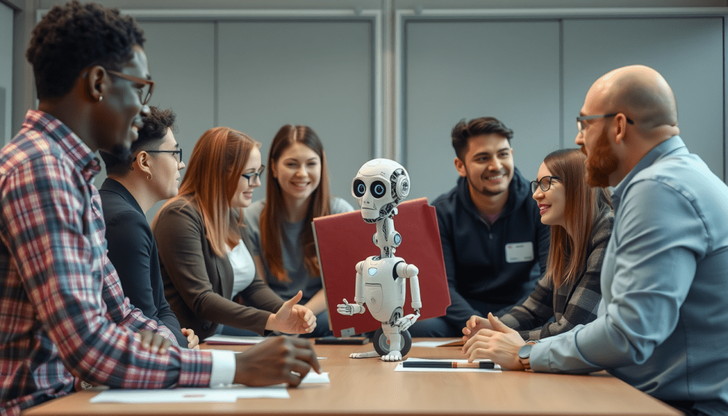 A group of students round a table having a conversation with a generative AI character