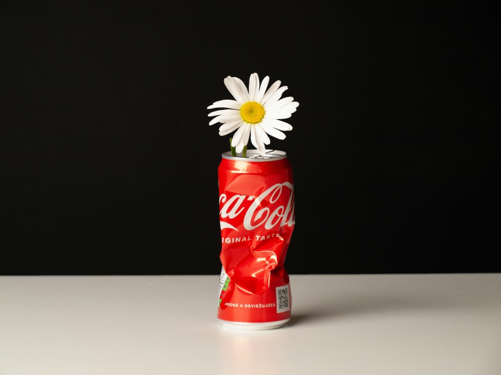 An image of a coke can with a daisy stuck in the top.