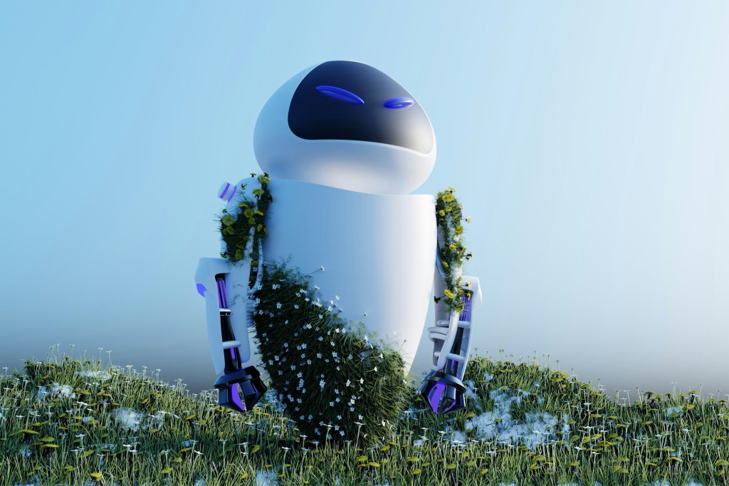 An image of a robot with plants growing on it.